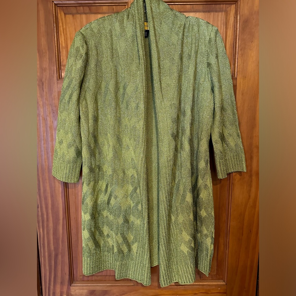St. John Size P Wool Rayon Knit Long Open Cardigan Jacket Green Shimmer Metallic